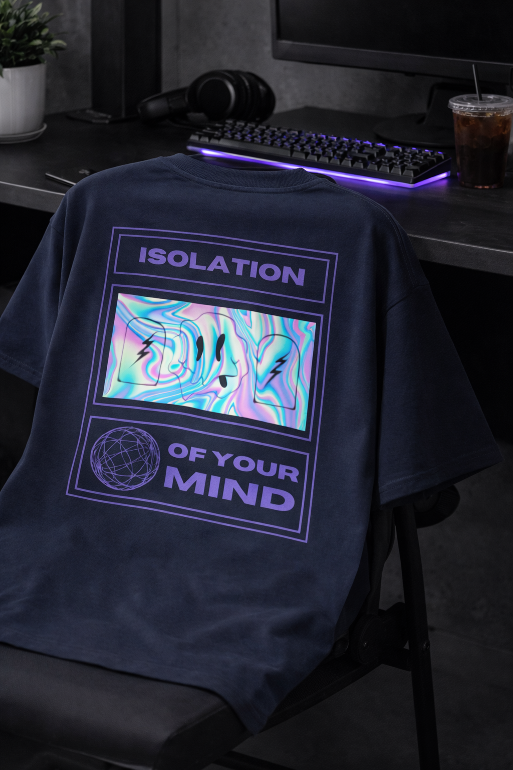 Navy blue t-shirt with colorful graphic and text on a desk setup